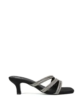 Women's 'Jennie' Square Toe Diamante Sparkly Gem Crystal Sandal Heeled Mules in Black Size: 8 - Black - Size: 8 - XY London - FashionsVida