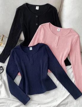Conjunto de varias piezas de top de manga larga con cuello redondo de punto de color liso estilo deportivo callejero para niña preadolescente 8Y - Shein - FashionsVida