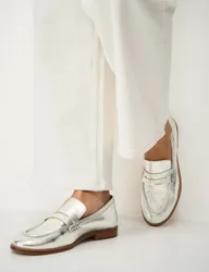 Leather Metallic Slip On Penny Loafers Silver female