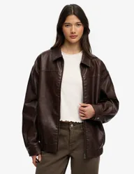 Faux Leather Collared Bomber Jacket Brown female