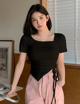 Camiseta casual de mujer de verano de color liso con cuello asimétrico y dobladillo con cordón, top lindo para salir L - Shein - FashionsVida