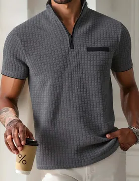 Men's Sporty, Casual and Simple POLO Shirt with Jacquard Check Pattern, Stand-Up Collar, Semi-Zipper, Slim Short-Sleeved Shirt - Aliexpress - FashionsVida