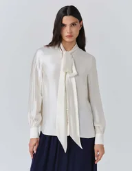 Satin Tie Neck Button Through Blouson Sleeve Blouse Ivory female