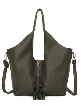 Women's 2In1 Tassel Slouchy Hobo Tote Bag With Organiser in Dark Green - Dark Green - Size: One Size - Kitise - FashionsVida