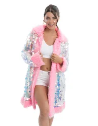 Wendbarer Paillettenmantel mit Kunstfell pink für Erwachsene