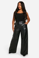 Womens Plus High Waisted Pu Wide Leg Trouser - Black - Size 26 Regular (Uk Womens)
