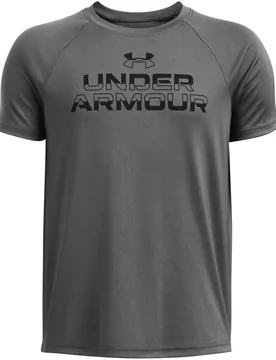 Boys Ua Tech Split Wordmark Ss Gym Top In Gray - Grey - Size 5-6y - Under armour - FashionsVida