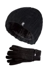 Women's Fleece Lined Thermal Hat & Gloves Set for Winter in Black Size: Small/Medium - Black - Size: S/M