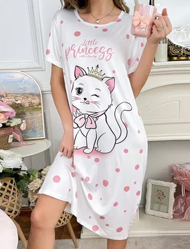 Vestido de pijama con estampado de gato lindo y lunares, Moo Moo XL - Shein - FashionsVida