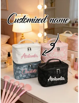Bolsa de maquillaje personalizada con bordado de nombre y patrón floral con asa, organizador de viaje de gran capacidad, bolsa de almacenamiento dura - Shein - FashionsVida