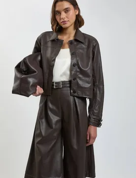 Women's Faux Leather Tab Detail Bomber Jacket in Chocolate Size: 18 - Chocolate - Size: 18 - Karen millen - FashionsVida
