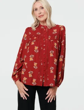 Women's Floral High Neck Long Sleeve Shirt in Red Size: 12 - Red - Size: 12 - Izabel London - FashionsVida