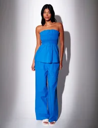 Pure Cotton Drawstring Wide Leg Trousers Blue female