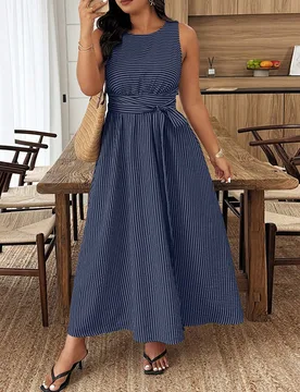 Vestido casual de verano sin mangas con cuello redondo y estampado de rayas para tallas grandes 4XL - Shein - FashionsVida