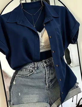 Camisa casual de vacaciones para mujer de color liso con manga corta y bolsillo XL - Shein - FashionsVida