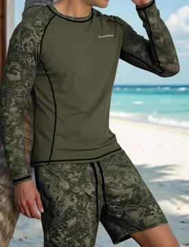 Conjunto de camiseta de natación con estampado de letras y manga raglán y bañador para hombre, vacaciones S - Shein - FashionsVida