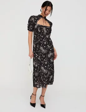 Primrose Garden Floral Print Midi Dress In Black - 8 - Lily and Lionel London Limited - FashionsVida