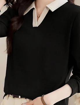 Nueva Camisa Polo de Manga Larga con Cuello Vuelto de Moda para Mujer, Parte Superior Informal de Primavera Color Negro XL - Shein - FashionsVida