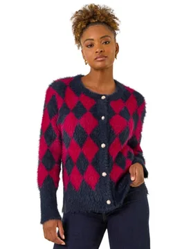 Womens Check Buttoned Cardigan - Red - Size 14 Uk - Roman - FashionsVida