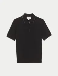 Cotton Rich Half Zip Knitted Polo Shirt Black male