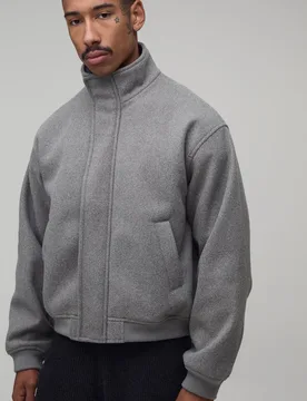 Herren Normal Geschnittene Bomberjacke Aus Melton Mit Stehkragen Grey Größe Large - boohooMAN - FashionsVida
