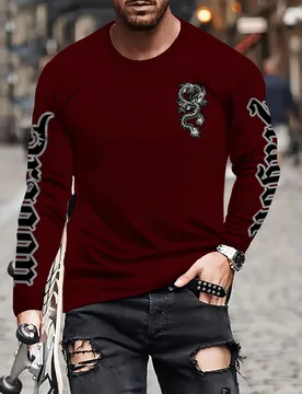 Men’s Dragon Print Long Sleeve T-Shirt Slim Fit Streetwear Crew Neck Casual Athletic Top Autumn Thin Fashion Pullover - Aliexpress - FashionsVida