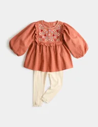 Pure Cotton Embroidered Top & Bottom Outfit (0-5 Yrs) Orange Mix Female