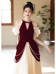 New wine red toasting dress