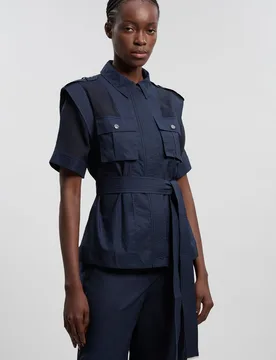 Womens Utility Organdie Pocket Detail Woven Top - Navy Cotton - Size 6 Uk - Karen millen - FashionsVida
