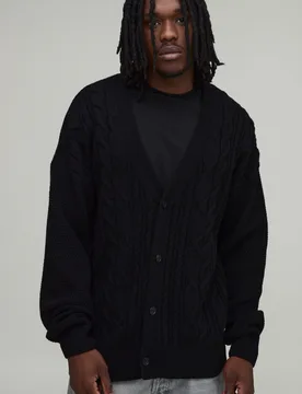 Mens Tall Relaxed Fit Cable Knit Knitted Cardigan - Black - Size Small - boohooMAN - FashionsVida