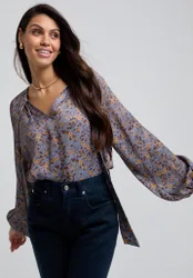 Helena Bow Detail Aster Print Blouse In Grey - 8