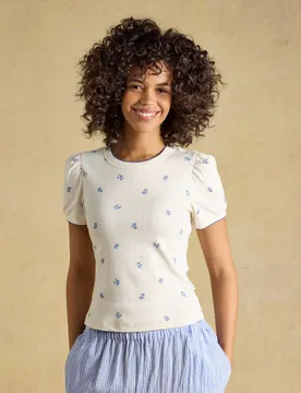 Jersey Floral Pointelle Puff Sleeve Top White Mix female - Joules - FashionsVida
