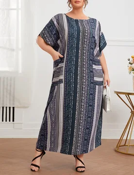 Vestido túnica de talla grande con estampado de rayas y bolsillo, de verano 2XL - Shein - FashionsVida