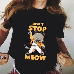 Don't Stop Meow Freddie Mercury Cat Graphic Tee Funny Cotton Short Sleeve Crew Neck Casual T-Shirt