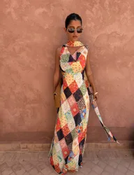 Printed Cowl Neck Maxi Fitted Dress Cream Mix female