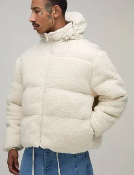 Herren Kastige Steppjacke Mit Nylon & Borg-Einsätzen Ecru Größe Medium - boohooMAN - FashionsVida