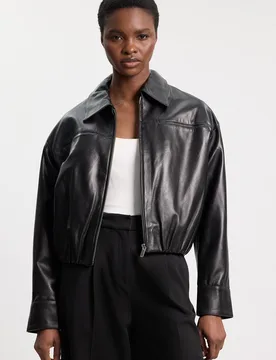 Womens Leather Collared Bomber Jacket - Black - Size 12 Uk - Karen millen - FashionsVida