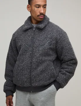 Mens Boxy Fit Boucle Collared Bomber Jacket - Grey - Size Large - boohooMAN - FashionsVida