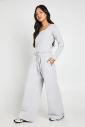 Womens Petite Scoop Neck Long Sleeve Top And Straight Leg Jogger Tracksuit - Grey Cotton - Size X-Small