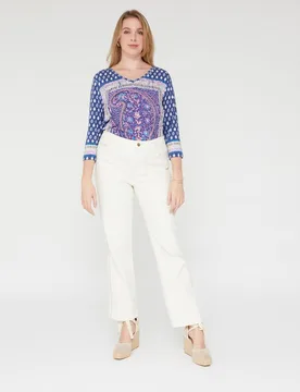 Pantalón acampanado de mujer largo cinco bolsillos con bordados metalizados - October - FashionsVida