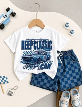 Conjunto de camiseta para niño pequeño, top de manga corta con cuello redondo y estampado de efecto denim, combinado con pantalones cortos de tejido - Shein - FashionsVida