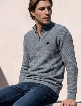 Street One Pullover mit Troyerkragen und Struktur male Blau - Street One MEN - FashionsVida