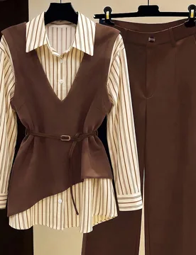 Conjunto de dos piezas de camisa casual de moda y chaleco con cintura ceñida y pantalones de pierna ancha con efecto adelgazante S - Shein - FashionsVida