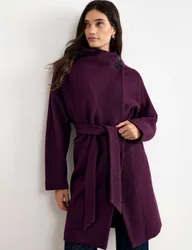 Wool Blend Belted Funnel Neck Coat Purple female