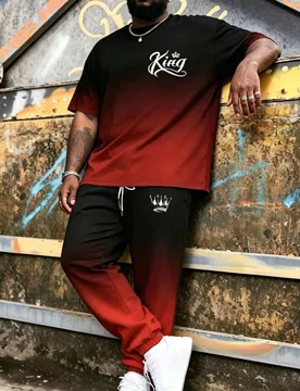 Conjunto de talla grande para hombre de manga corta con estampado de corona en degradado negro y rojo + pantalones con cordón, ajuste holgado y estil - Shein - FashionsVida