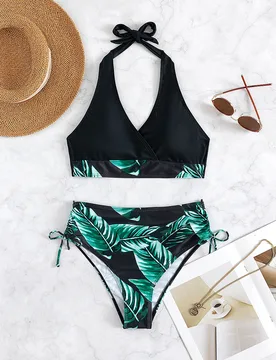 Bikini de cintura alta con estampado tropical y cintas laterales ajustables para playa de verano XS - Shein - FashionsVida
