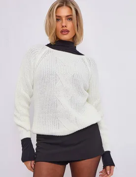 Women's Cream Crew Neck Rib Knit Oversized Jumper Size: Small/Medium - Cream - Size: S/M - Gini London - FashionsVida