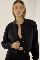 Womens College Collar Double Pocket Cropped Jacket - Black