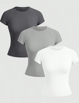 Camiseta deportiva minimalista de manga raglán de unicolor sin costuras, cuello redondo y manga corta - Shein - FashionsVida
