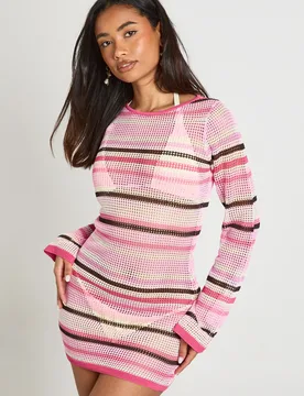 Womens Beach Crochet Stripe Knit Mini Dress - Pink Viscose - Size Small - Boohoo - FashionsVida